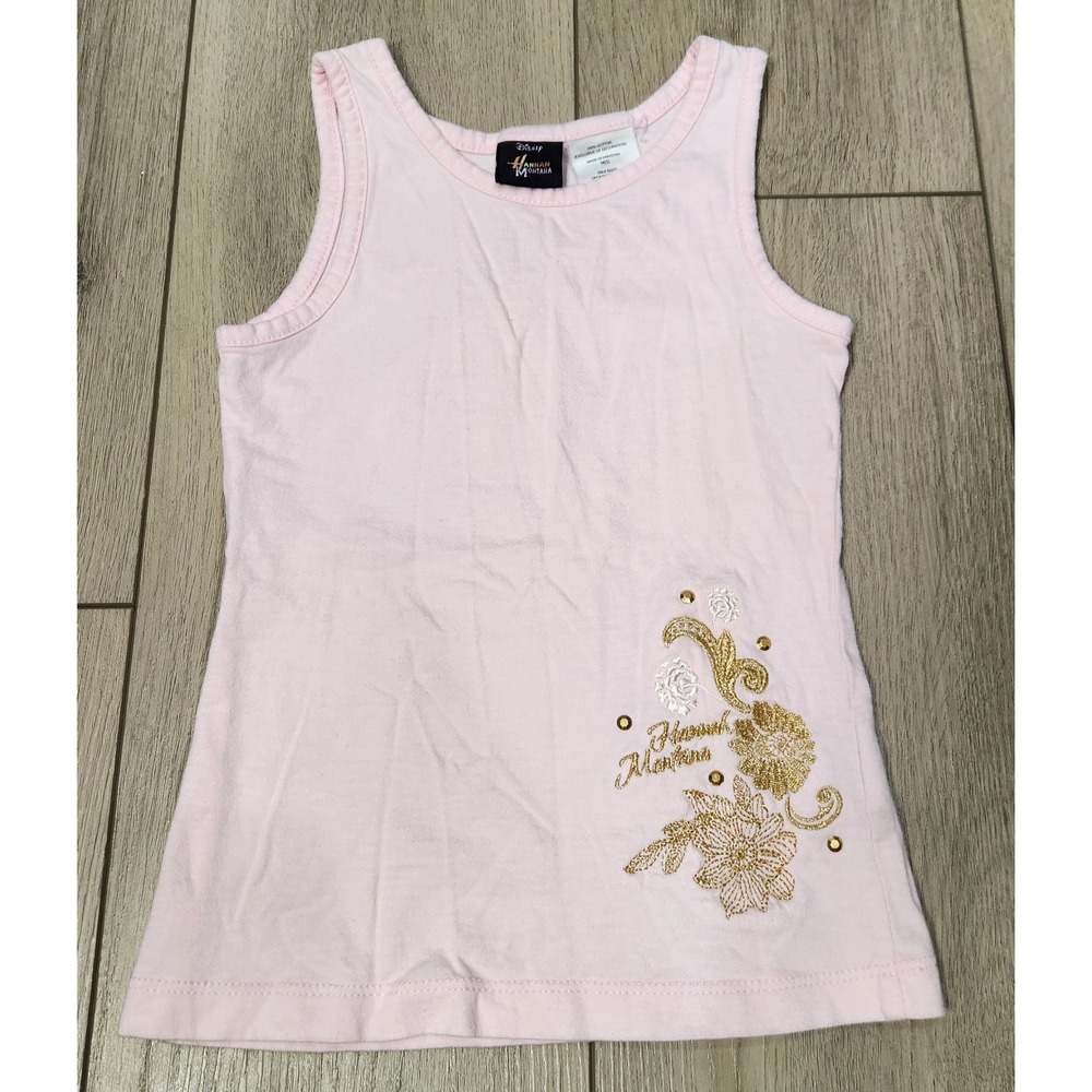 Disney Hannah Montana Pink Tank Top Y2K Floral Gold Glitter Studded Girls Size 5